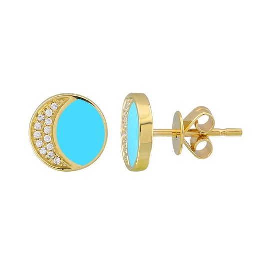 14KT Yellow Gold Moon Shape Enamel Diamond Stud Earrings