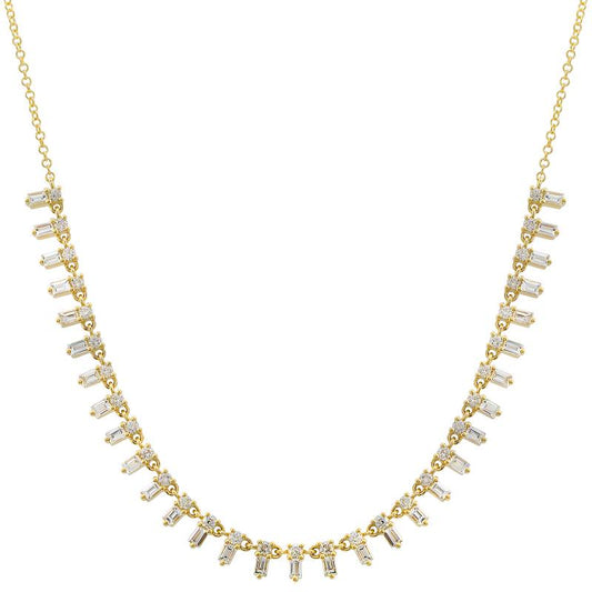 14K Yellow Gold Baguette & Round Diamond Half Tennis Necklace
