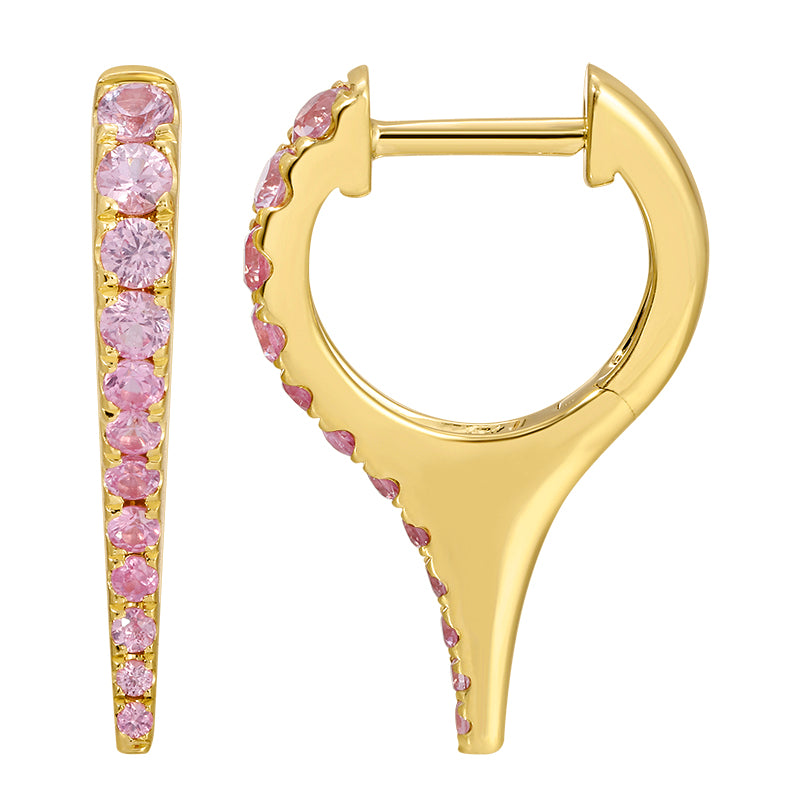 14k Yellow Gold Pink Sapphire Spike Huggie Earrings