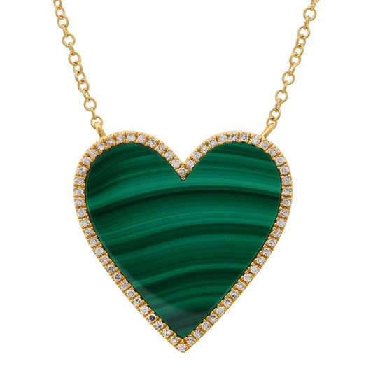14k Yellow Gold Malachite Heart Diamond Necklace
