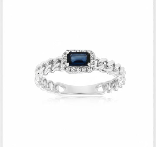 14K White Gold Sapphire Halo Chain Link Ring