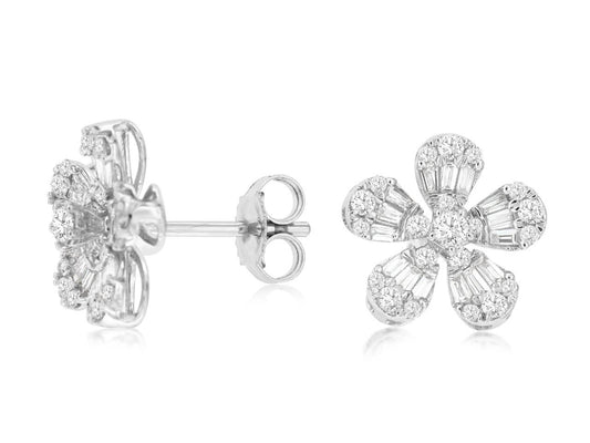 14K White Gold Mosaic Floral Diamond Stud Earrings